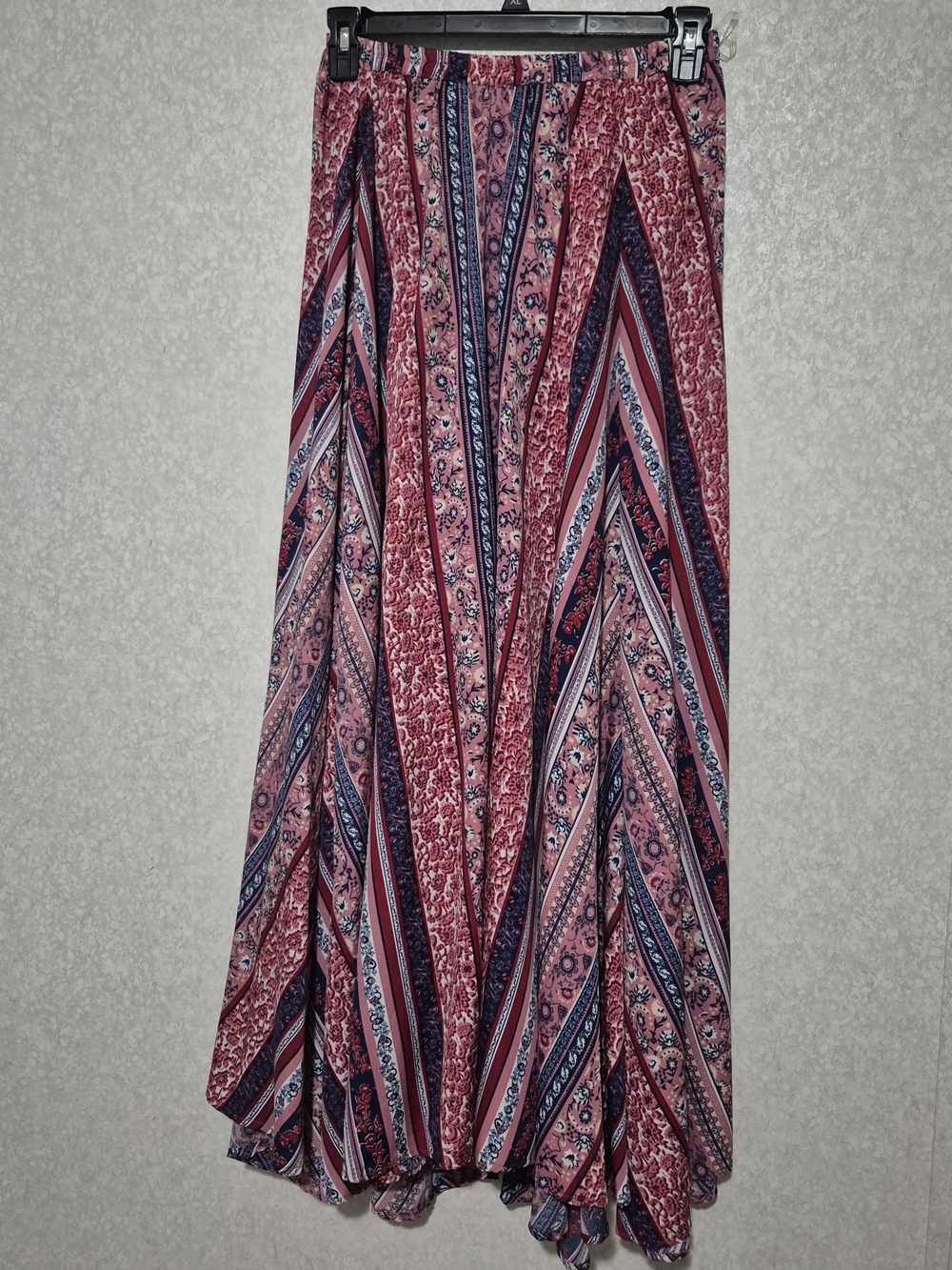 Bohemian Pink Patterned Maxi Skirt with Navy Accents